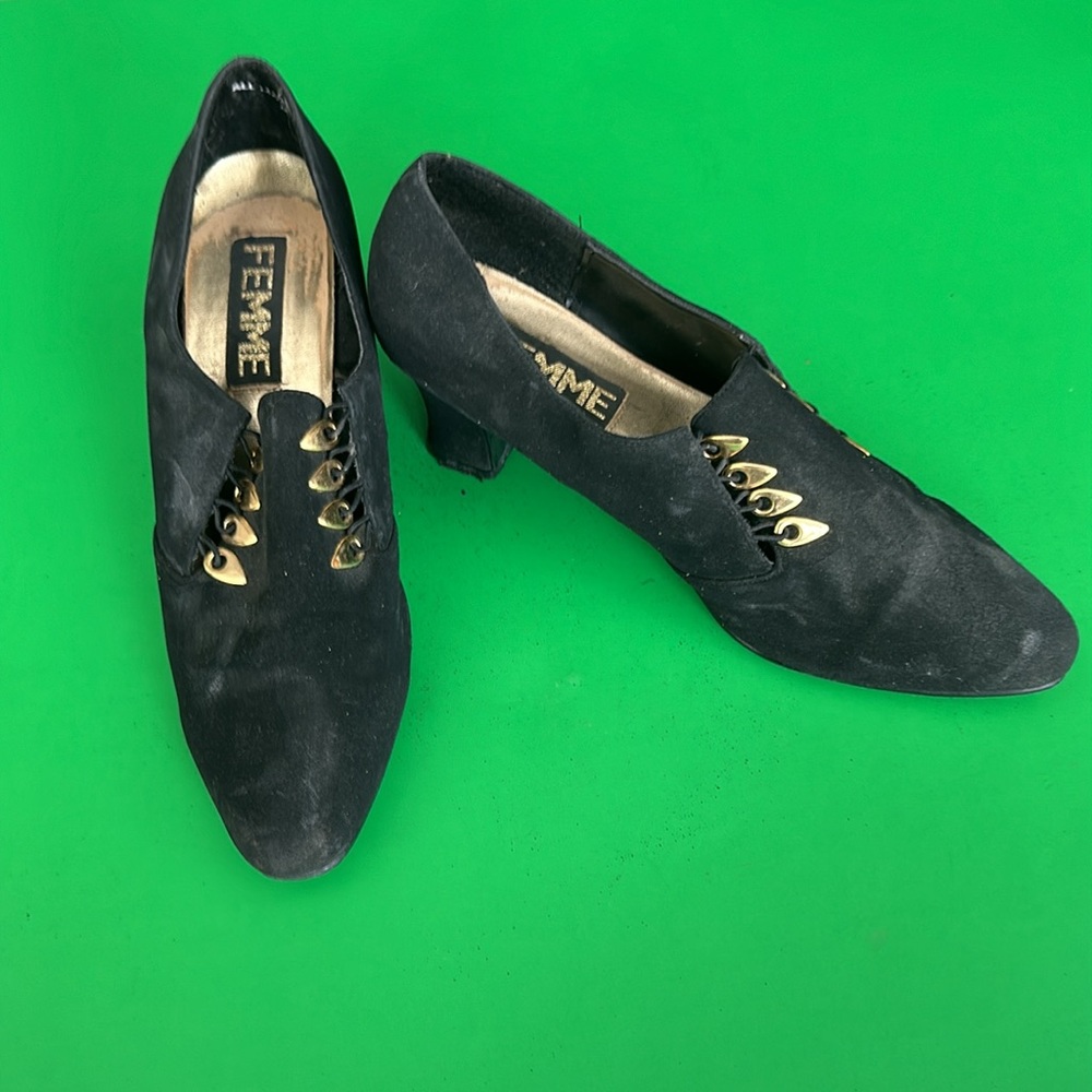 Suede type shoe with gold embelished metallic front black color size 40 /9approx